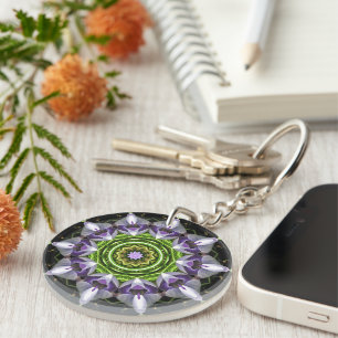 Purple Floral Mandala Kaleidoscope Art Keychain