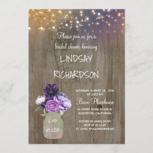 Purple Floral Mason Jar Rustic Barn Bridal Shower Invitation