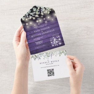 Purple Floral Mason Jars Lights QR Code Wedding All In One Invitation