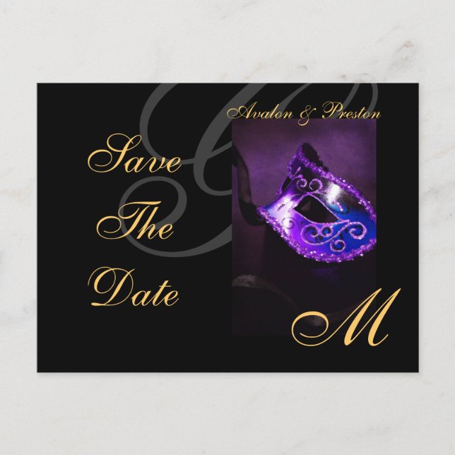 Purple Floral Masquerde Save The Date Postcard (Front)