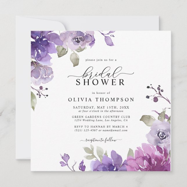  Purple Floral Mauve Lilac Dusty Bridal Shower Inv Invitation (Front)