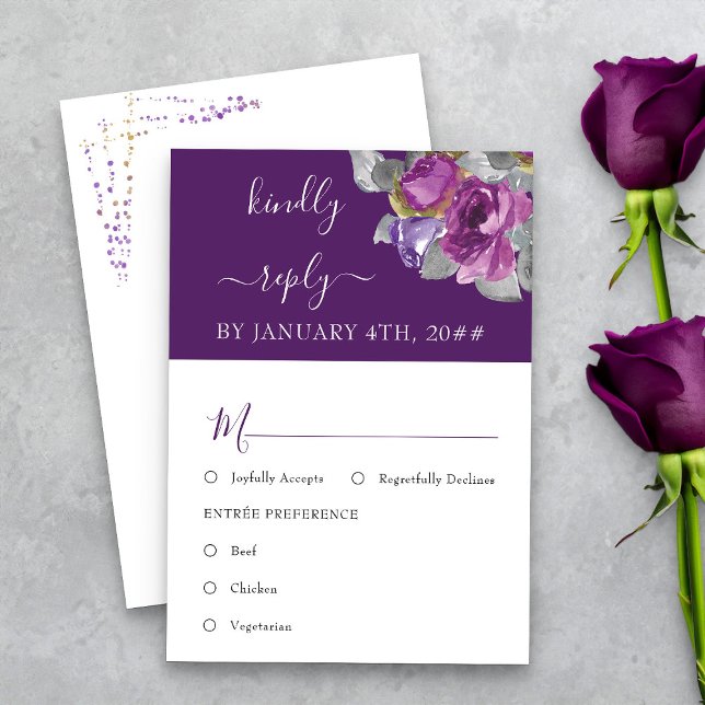 Purple Floral Meal Option Wedding RSVP Card (Purple floral RSVP card with meal options from my Plush Purple Wedding Collection )