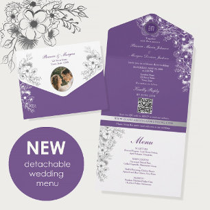 Purple Floral Menu Photo Wedding All In One Invitation