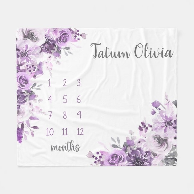 Purple Floral Milestone Blanket, Baby Girl Monthly Fleece Blanket (Front (Horizontal))