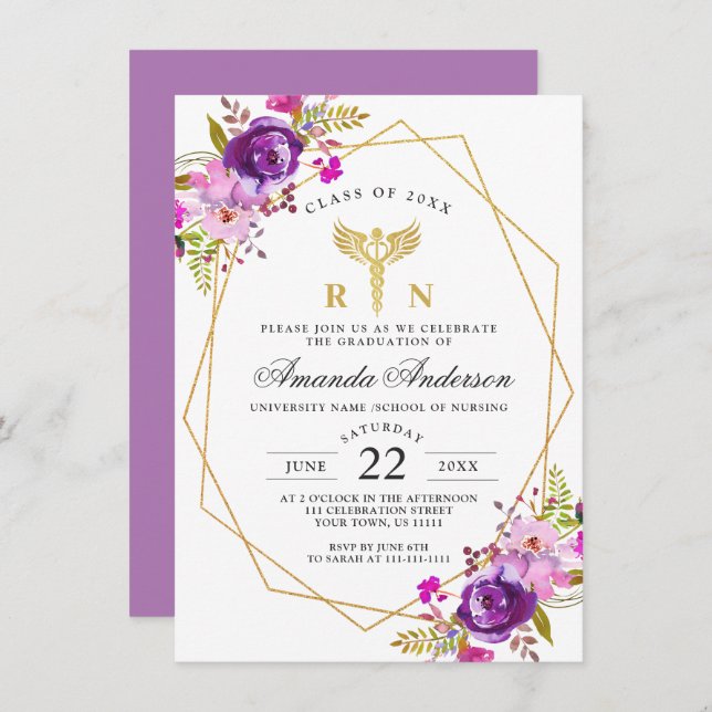Purple Floral Modern Nursing School Graduation Invitation (Front/Back)