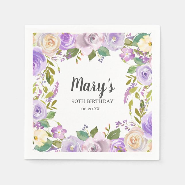 Purple Floral Monogram 90th Birthday Party Napkins (Front)