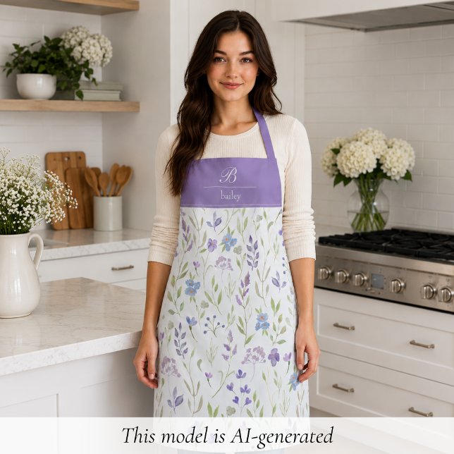 Purple Floral Monogram Apron (pretty purple blue wildflower floral apron with elegant monogram in script calligraphy)