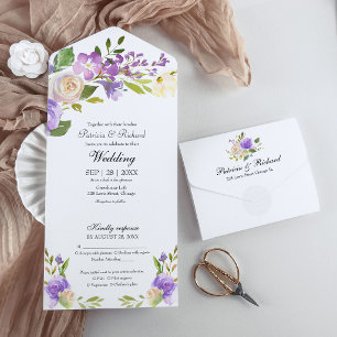Purple Floral Monogram Elegant Wedding All In One Invitation