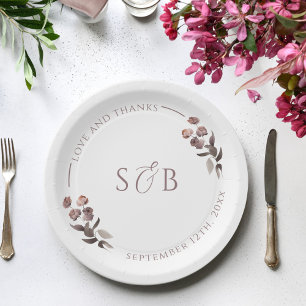 Purple Floral Monogram Initials Wedding Paper Plate