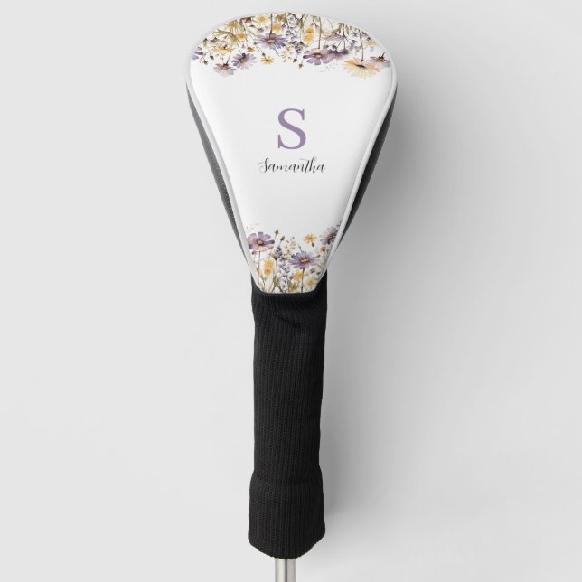 Purple Floral Monogram Name  Golf Head Cover (Front)