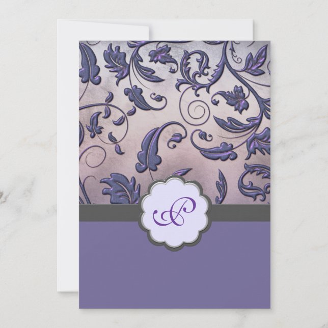 Purple Floral Monogram Wedding Invite Full Border (Front)