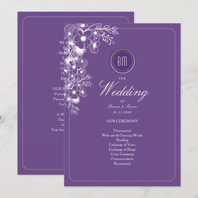 Purple Floral Monogram Wedding Program (Front/Back)