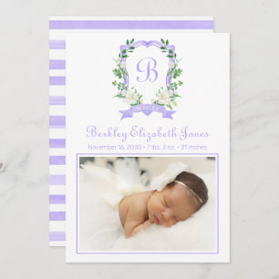 Purple Floral Monogrammed Crest Birth Announcement