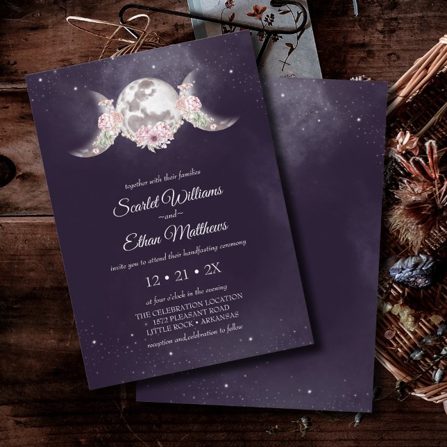Purple Floral Moon Phases Mystical Handfasting Invitation (Creator Uploaded)