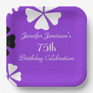 Purple Floral, Name, 75th Birthday Party Square Paper Plate