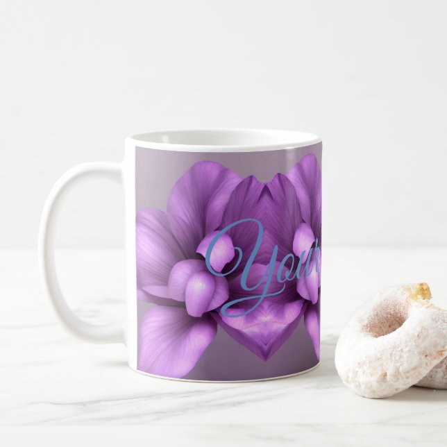 Purple Floral NAME Mug - Customizable Flower Cup (With Donut)