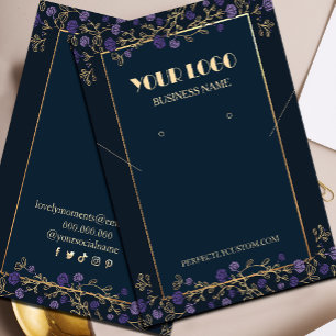 Purple Floral Navy Blue and Gold Necklace Earring Business Card
