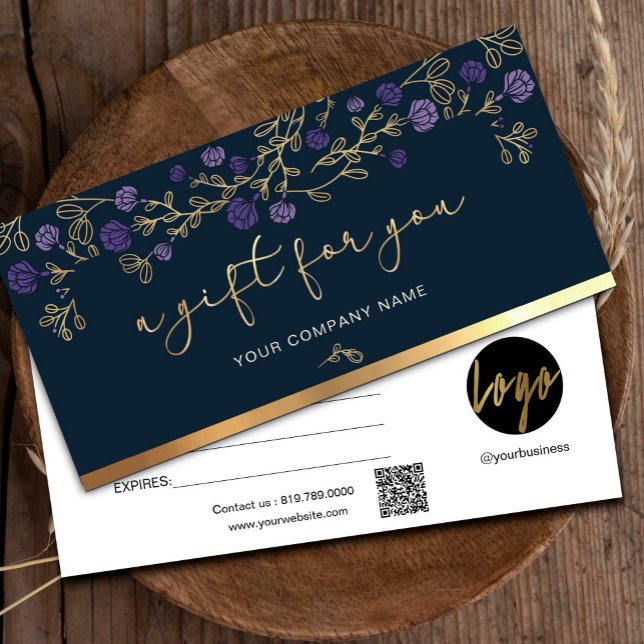 Purple Floral Navy Et Or Ajouter Logo Carte Cadeau ("Unlock Moments of Joy 💜✨ Surprise Loved Ones with our Signature Gift Certificate!" #purpleandgold)
