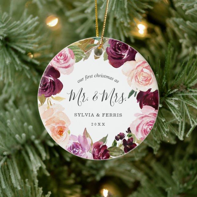 Purple Floral Newlywed Photo Elegant Christmas Ceramic Ornament (Tree)