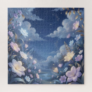 Purple Floral Night Sky Stars Fantasy Jigsaw Puzzle