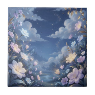 Purple Floral Night Sky Stars Fantasy Tile