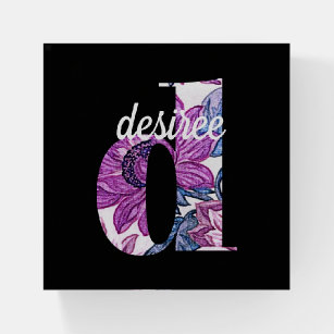 Purple Floral on Black Monogram Letter D Paperweight
