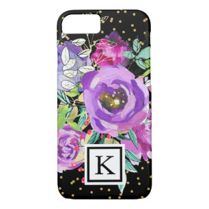 Purple Floral on Black with Confetti Monogram Case-Mate iPhone Case