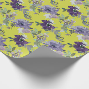 Purple Floral on Yellow Watercolor Wrapping Paper