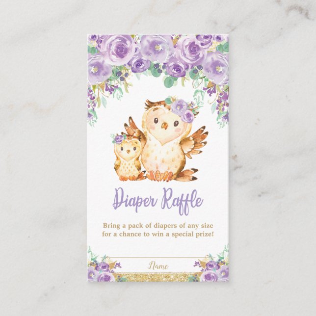 Purple Floral Owl Baby Shower Diaper Raffle Enclosure Card (Front)