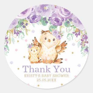 Purple Floral Owl Baby Shower Thank You Favor Classic Round Sticker