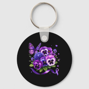 Purple Floral Pansies Butterfly Ribbon Alzheimers Keychain