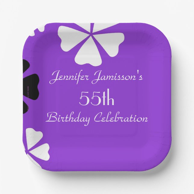 Purple Floral Paper Plates, 55th Birthday Party Paper Plate (Front)