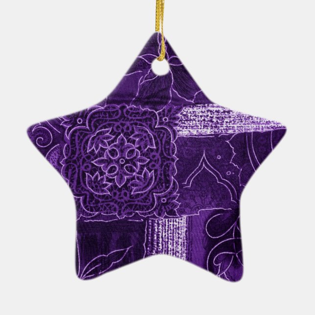 Purple Floral Patchwork Fabric Ceramic Ornament (Back)
