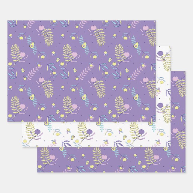 Purple Floral Patterned Wrapping Paper (Set)