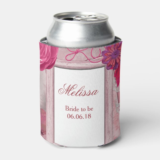 Purple Floral Personalize Wedding Can Cooler (Can Front)