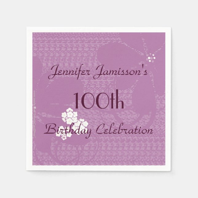 Purple Floral Personalized 100th Birthday Party Napkin (Front)