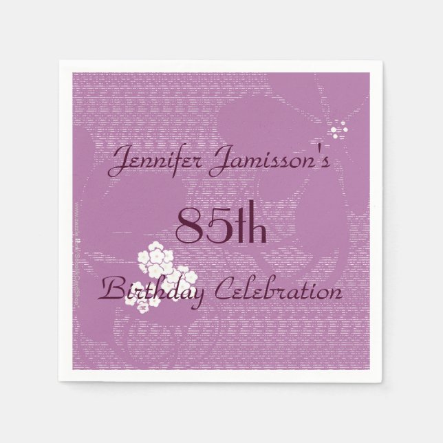Purple Floral Personalized 85th Birthday Party Napkin (Front)