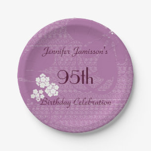 Purple Floral Personalized 95th Birthday Party Paper Plate