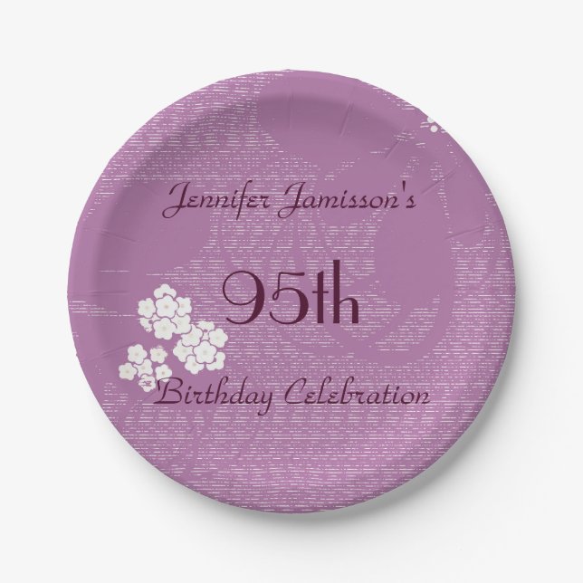 Purple Floral Personalized 95th Birthday Party Paper Plate (Front)