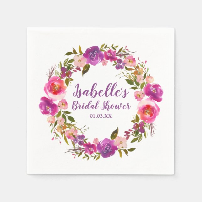 Purple Floral Personalized Bridal Shower Napkin (Front)