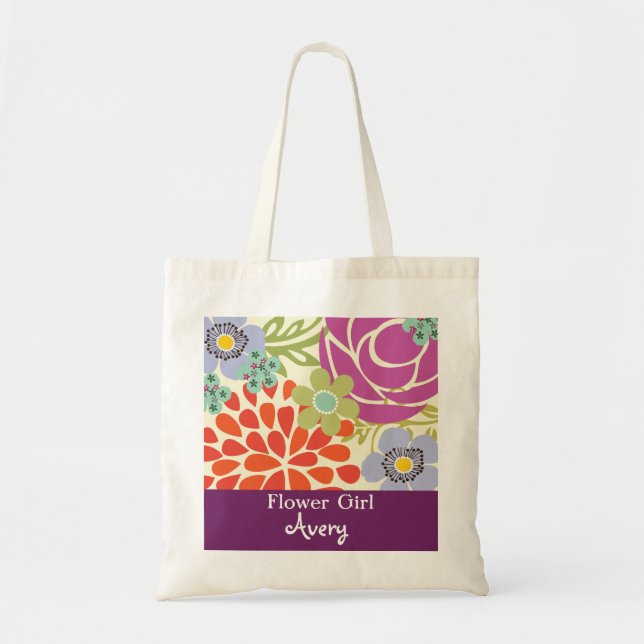 Purple Floral Personalized Bridal Wedding Tote Bag (Front)