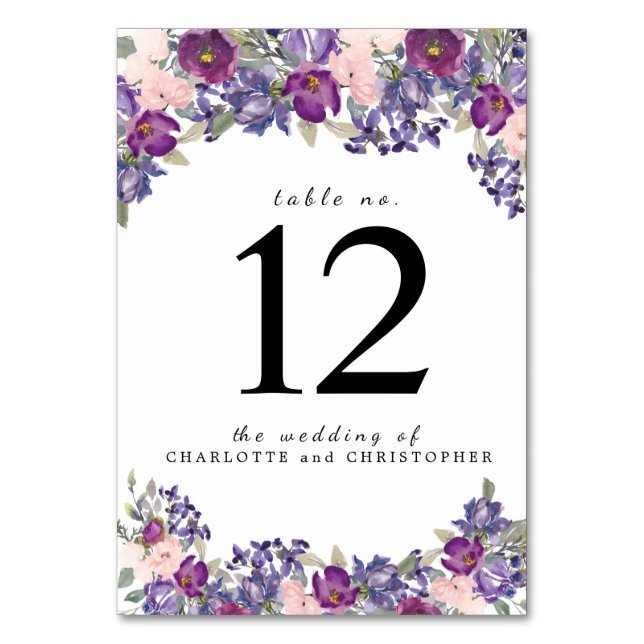 Purple  Floral Personalized Table Number Card (Front)