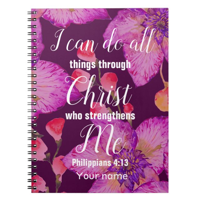 Purple Floral Philippians 4:13 Bible Notebook (Front)