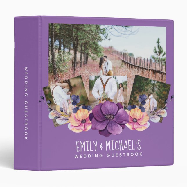 Purple Floral Photo Collage Wedding Guest Book Binder (Front/Spine)