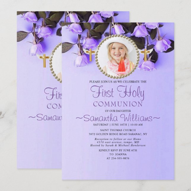 Purple Floral Photo First Communion Invitation (Front/Back)
