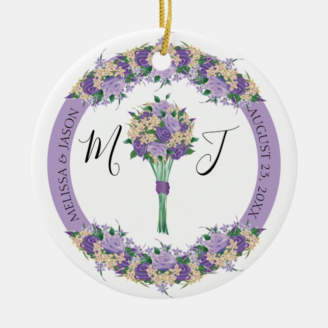 Purple Floral Photo Wedding Save the Date Monogram Ceramic Ornament (Front)