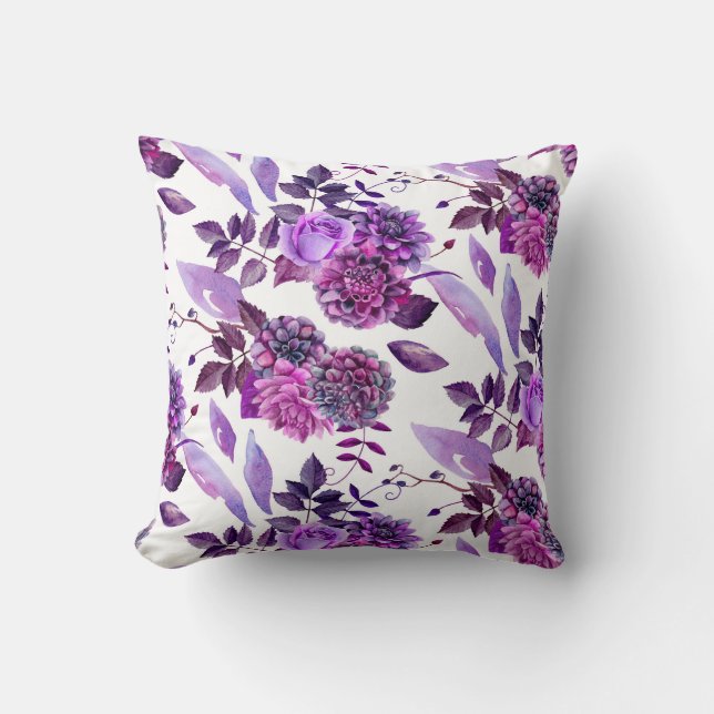 Purple floral pillow. Watercolor violet flowers Throw Pillow (Front)