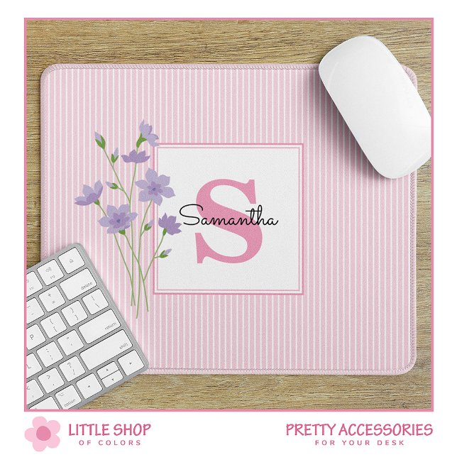 Purple Floral Pink Stripes Monogrammed Mouse Pad (Creator Uploaded)