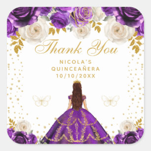 Purple Floral Princess Quinceañera Square Sticker