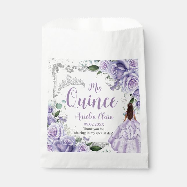 Purple Floral Princess Silver Quinceañera 16 15 Favour Bag (Front)